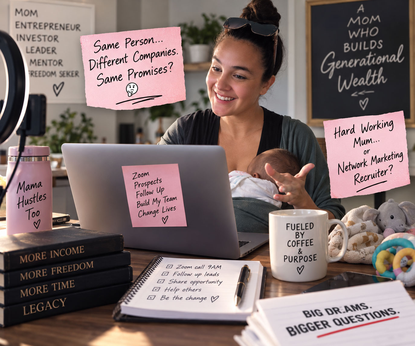 Danielle Delbridge — balancing motherhood with Zoom presentations, prospect follow-ups and network-marketing recruitment.