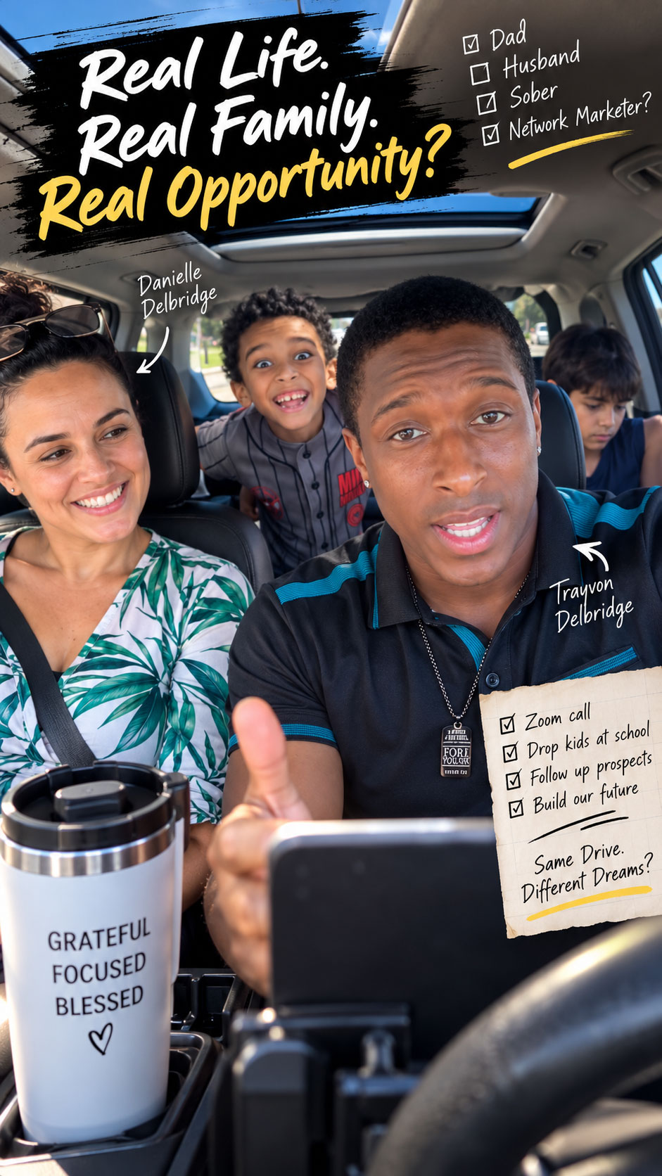 Trayvon Delbridge shares his sobriety and faith journey, with Danielle beside him and two children in the vehicle.