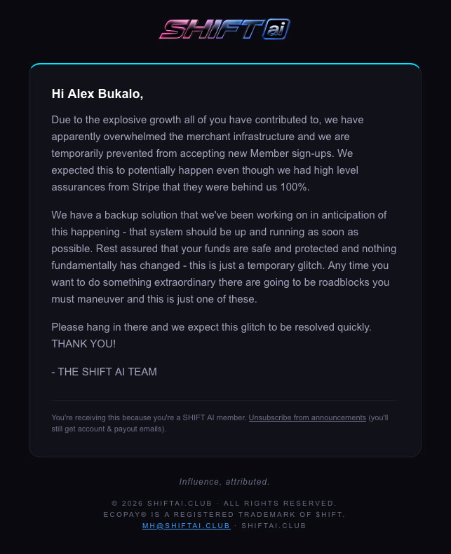 UPDATE — SHIFT AI Stops Accepting New Members